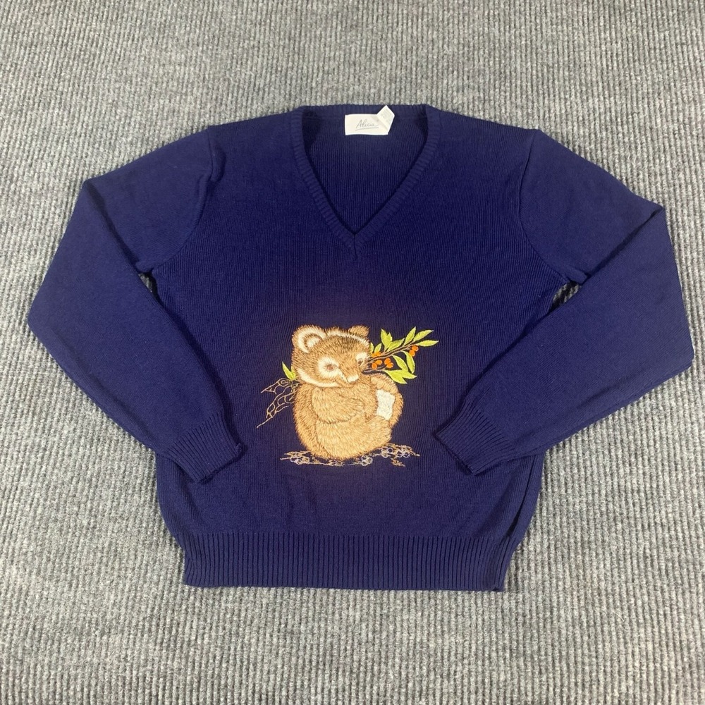 VTG Alicia Sweater Womens Medium M‎ Blue Koala Embroidered V Neck Retro Nature